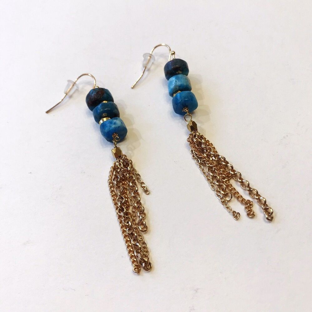 Mia + Tess Teal Turquoise Beaded Gold-tone Fashion Tassel Dangle Drop Earrings - Picture 2 of 4